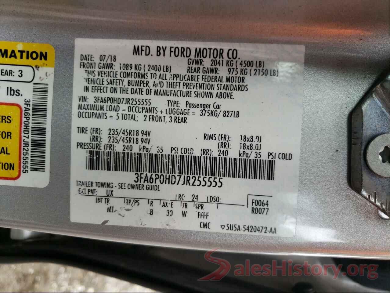 3FA6P0HD7JR255555 2018 FORD FUSION