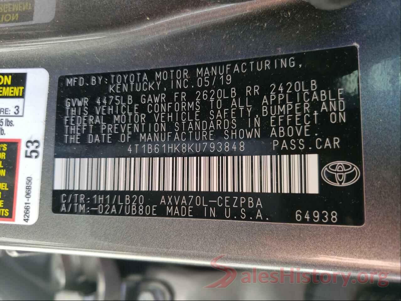 4T1B61HK8KU793848 2019 TOYOTA CAMRY