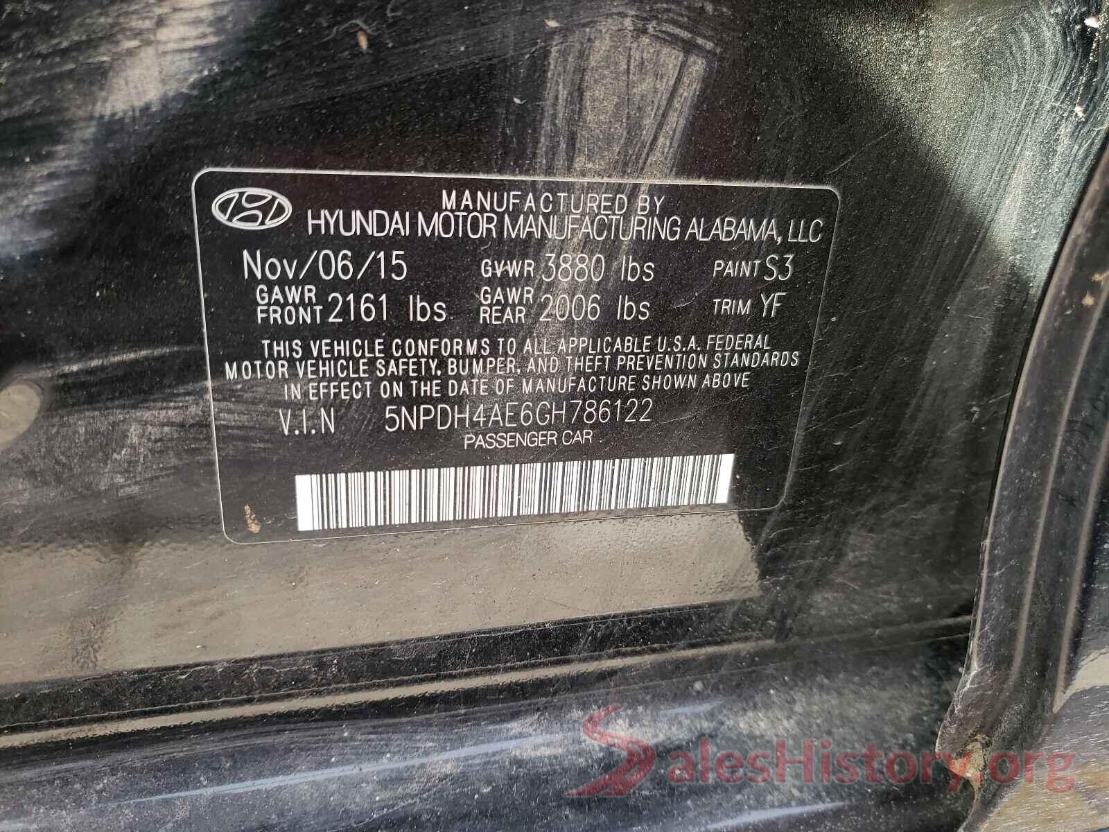 5NPDH4AE6GH786122 2016 HYUNDAI ELANTRA