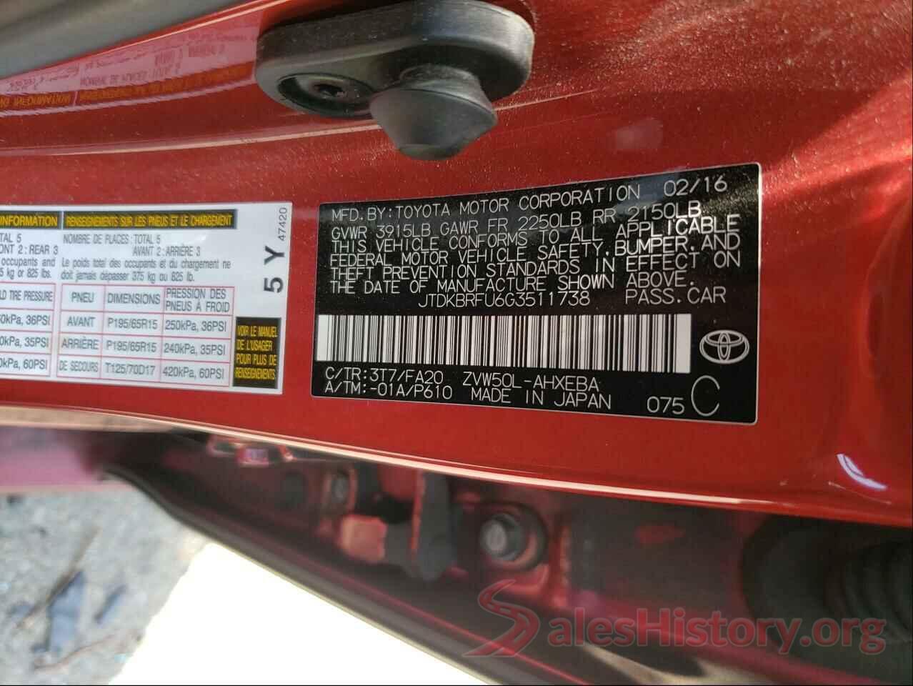 JTDKBRFU6G3511738 2016 TOYOTA PRIUS