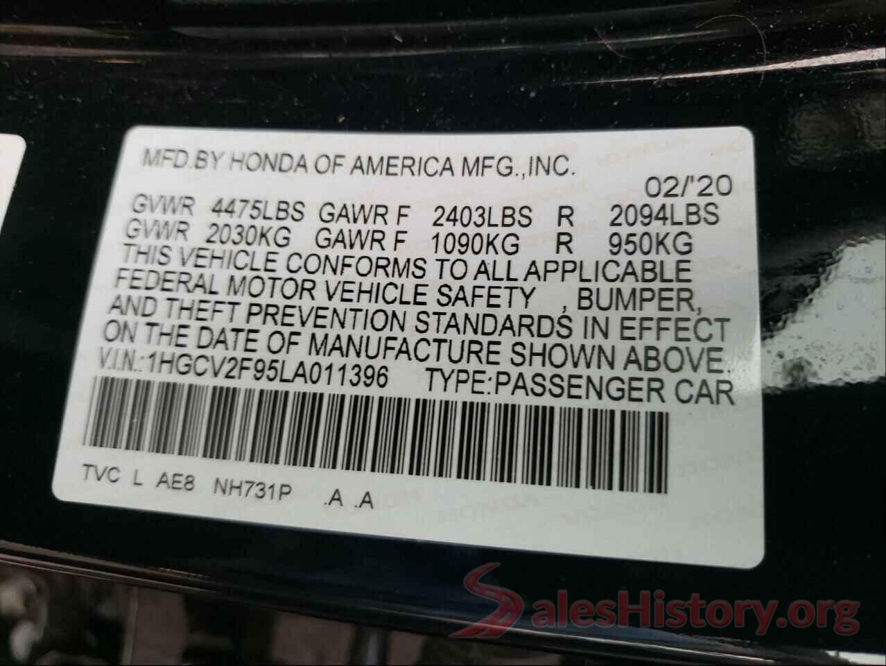 1HGCV2F95LA011396 2020 HONDA ACCORD