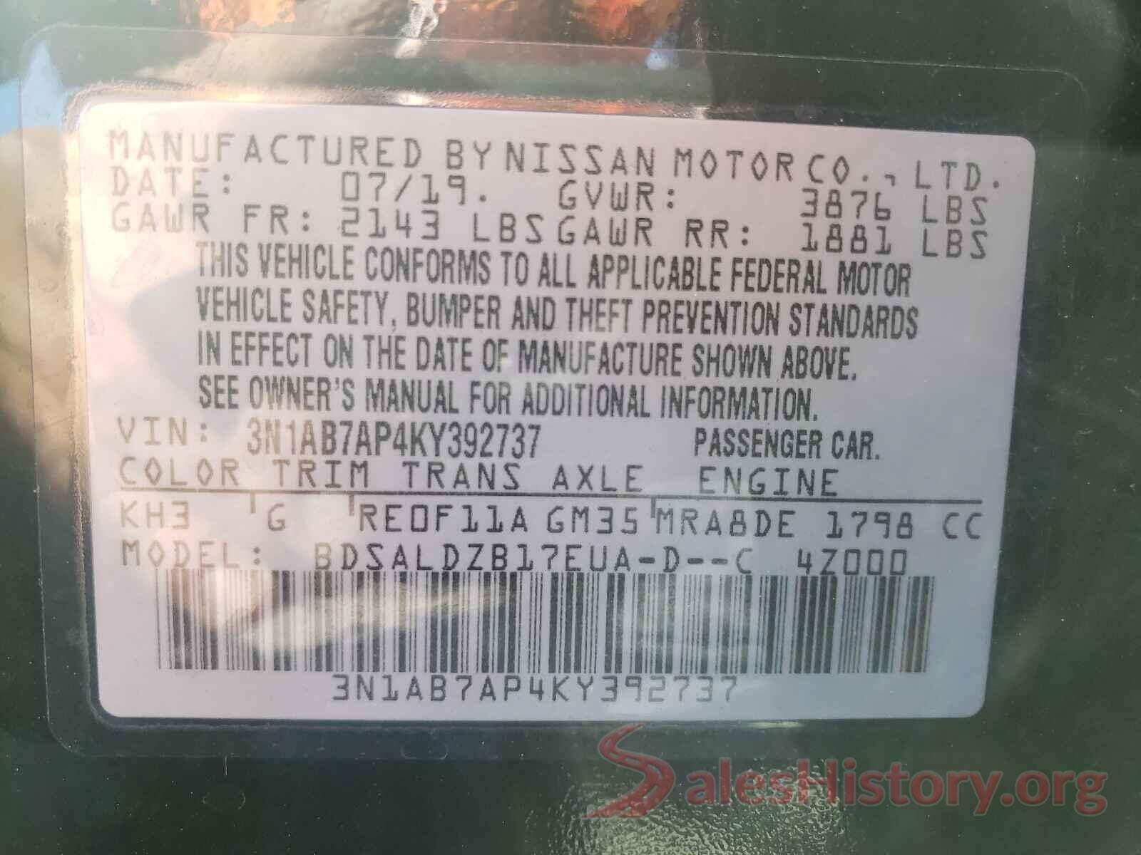 3N1AB7AP4KY392737 2019 NISSAN SENTRA