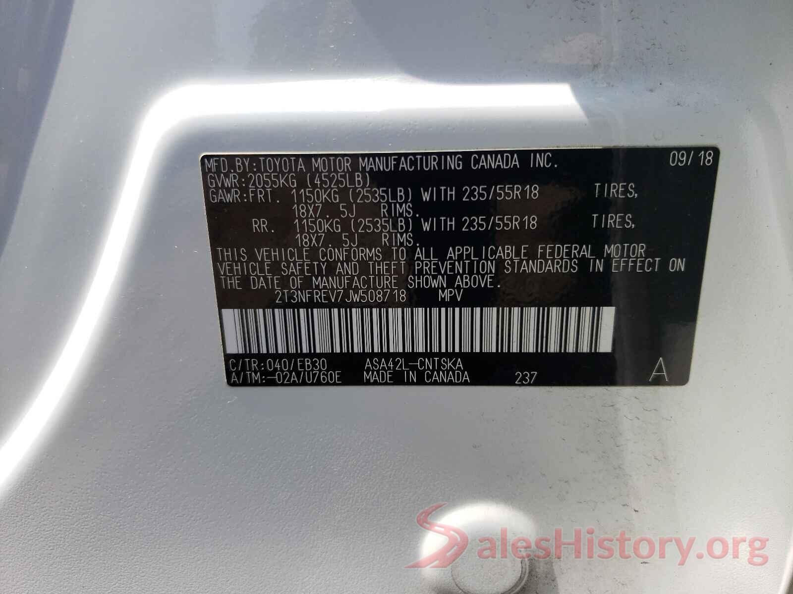 2T3NFREV7JW508718 2018 TOYOTA RAV4