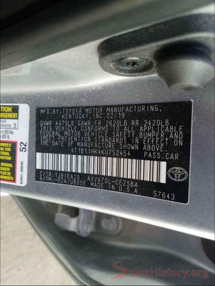 4T1B11HK4KU752454 2019 TOYOTA CAMRY