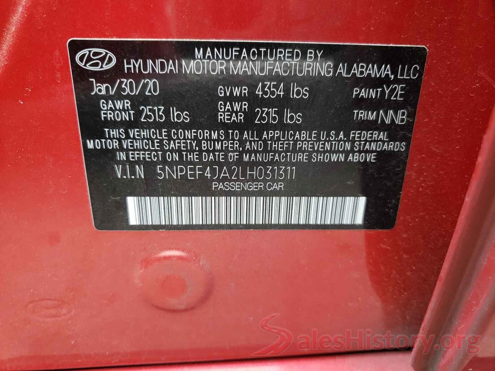 5NPEF4JA2LH031311 2020 HYUNDAI SONATA