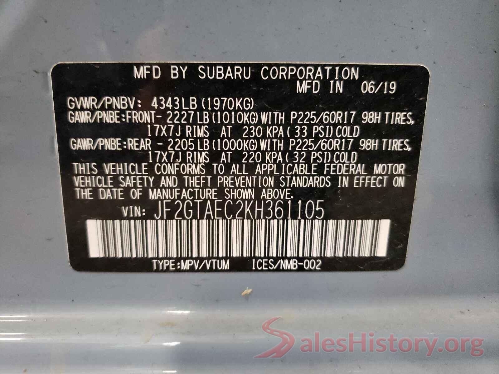 JF2GTAEC2KH361105 2019 SUBARU CROSSTREK