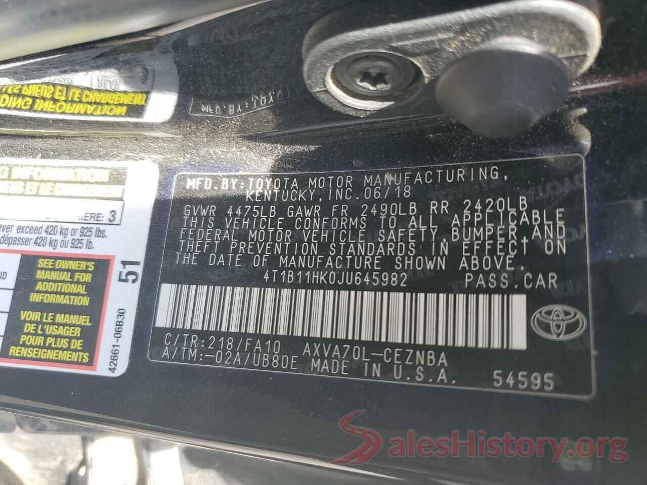 4T1B11HK0JU645982 2018 TOYOTA CAMRY