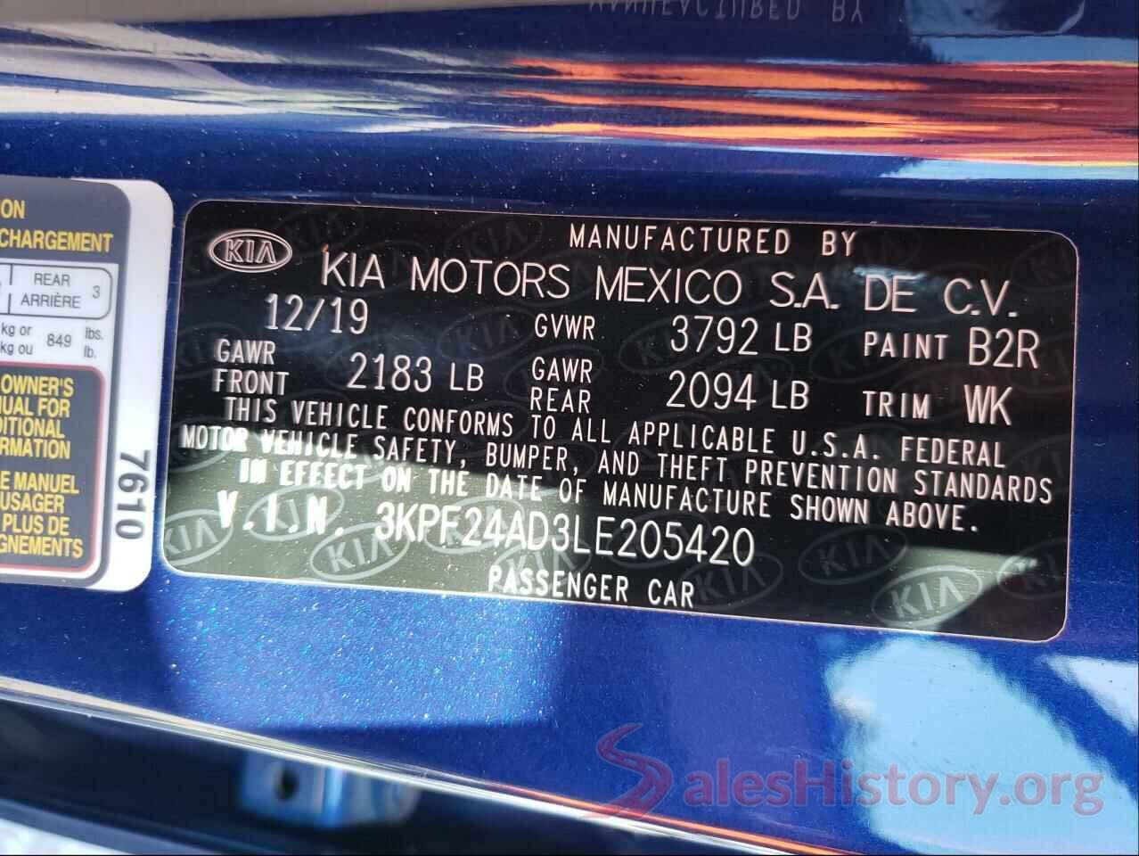 3KPF24AD3LE205420 2020 KIA FORTE