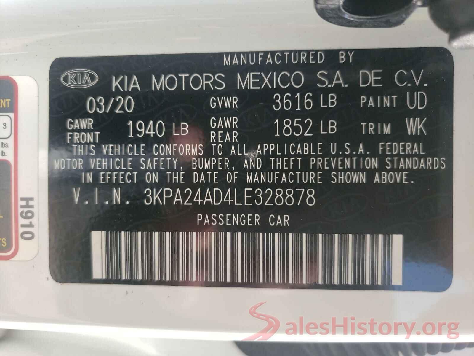 3KPA24AD4LE328878 2020 KIA RIO