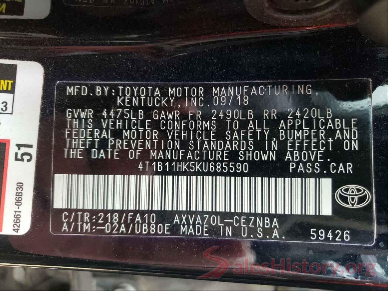 4T1B11HK5KU685590 2019 TOYOTA CAMRY