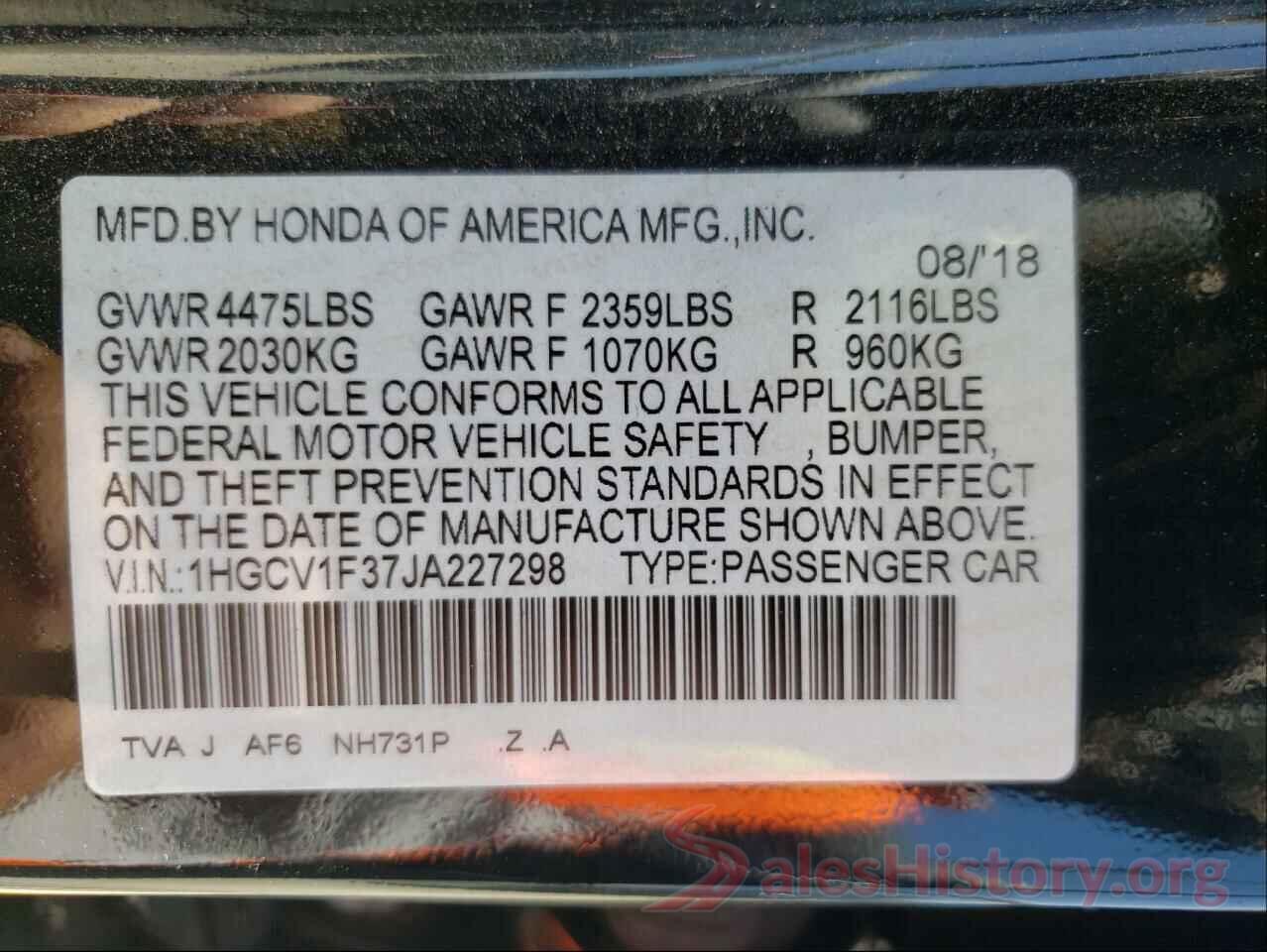 1HGCV1F37JA227298 2018 HONDA ACCORD