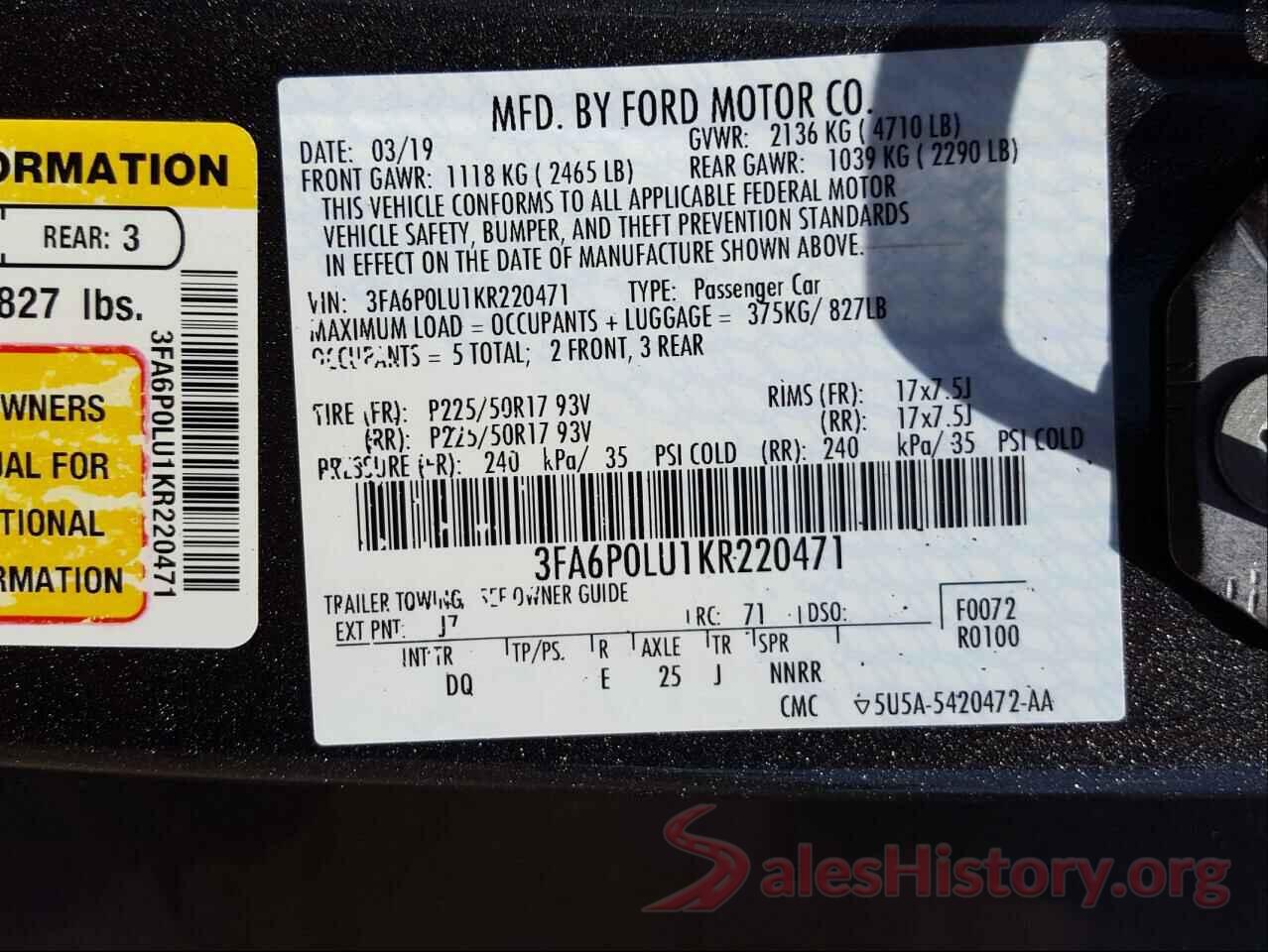 3FA6P0LU1KR220471 2019 FORD FUSION