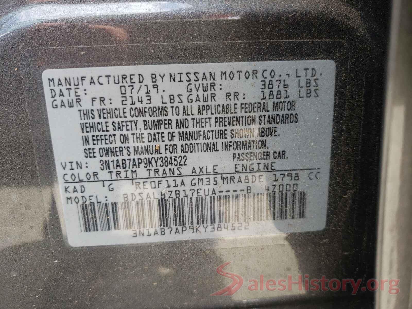 3N1AB7AP9KY384522 2019 NISSAN SENTRA