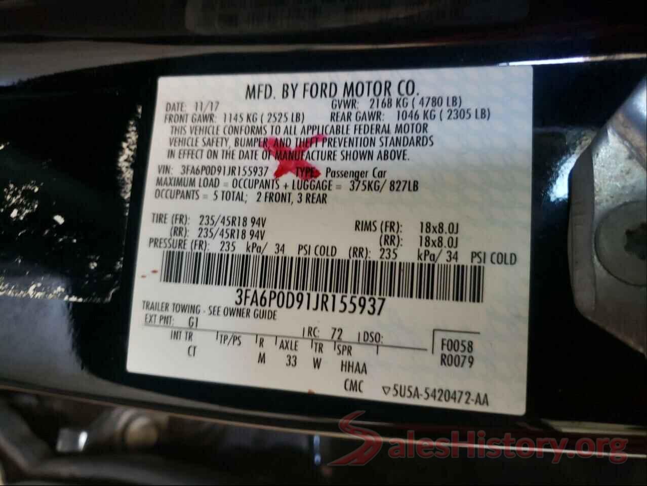 3FA6P0D91JR155937 2018 FORD FUSION