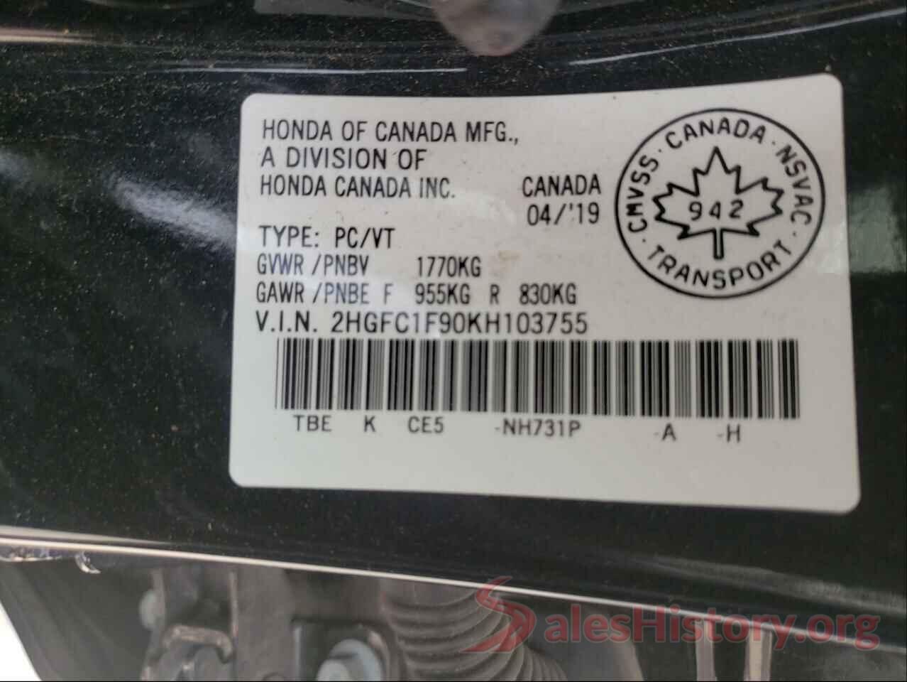 2HGFC1F90KH103755 2019 HONDA CIVIC