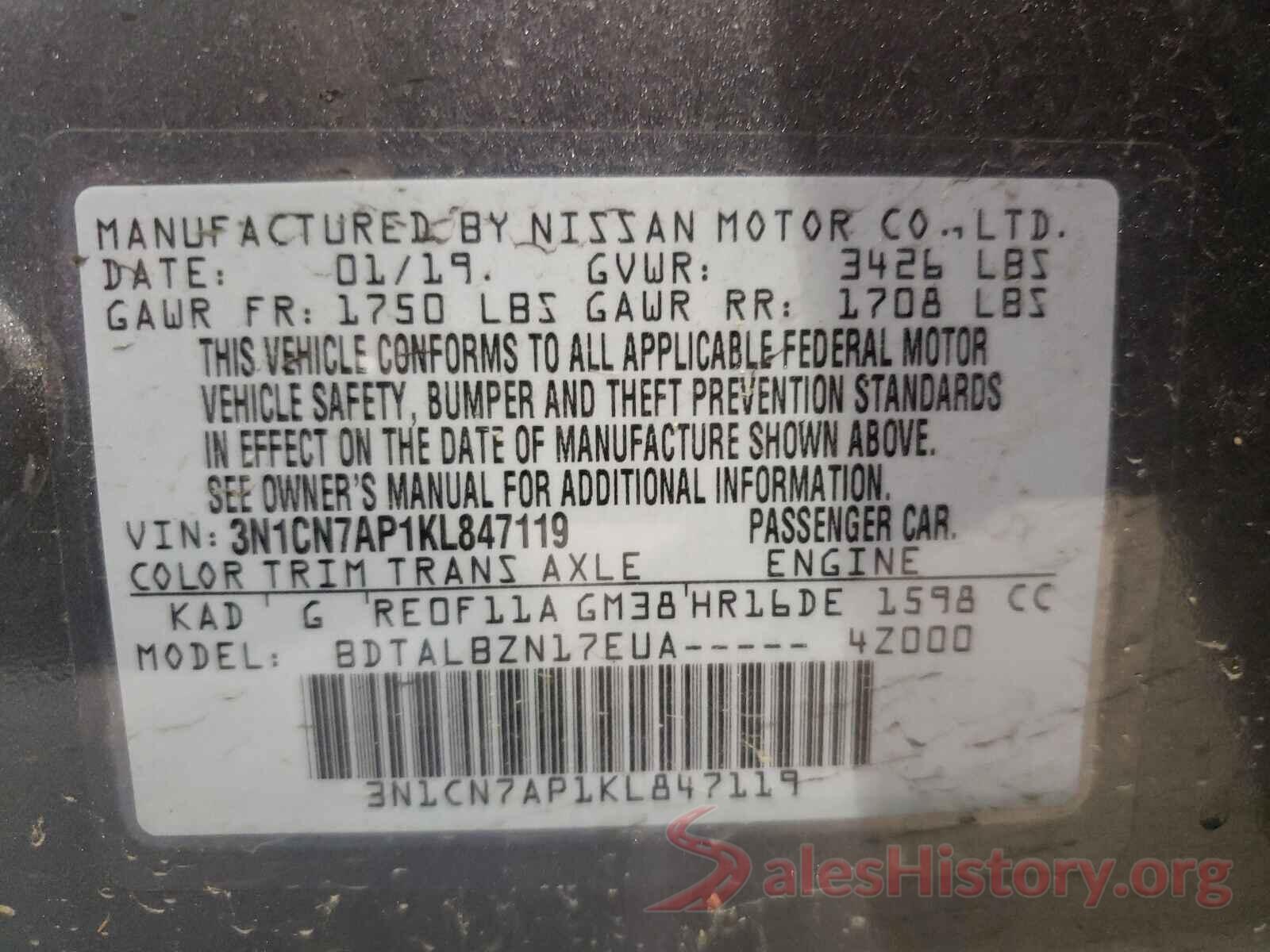 3N1CN7AP1KL847119 2019 NISSAN VERSA