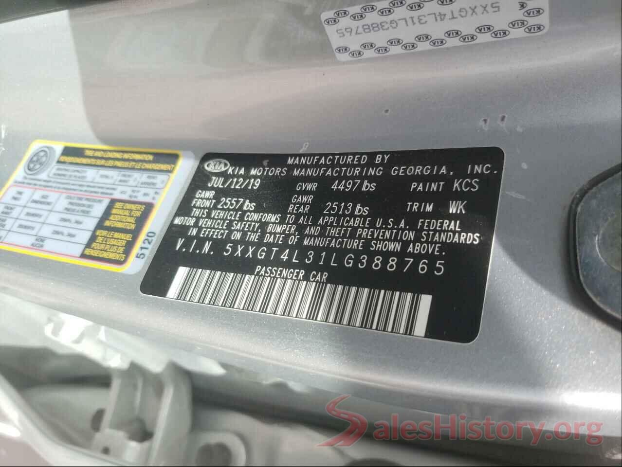 5XXGT4L31LG388765 2020 KIA OPTIMA