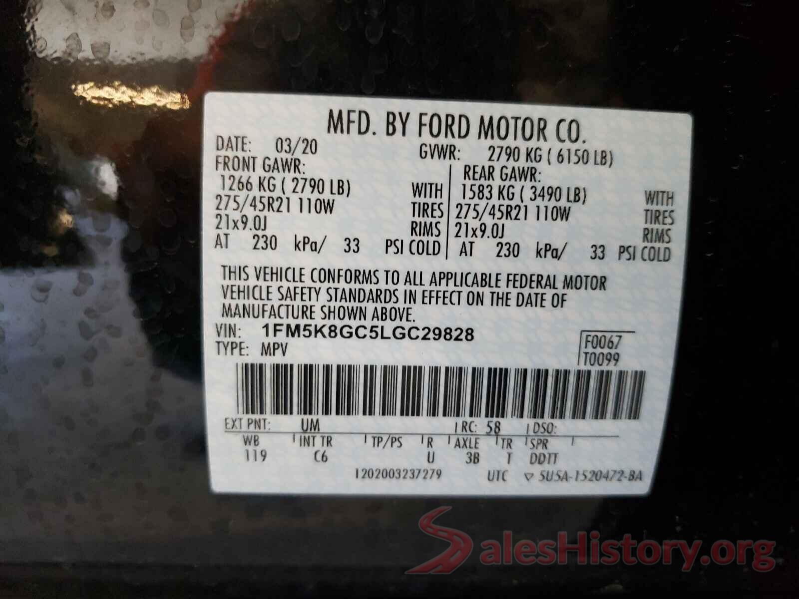 1FM5K8GC5LGC29828 2020 FORD EXPLORER