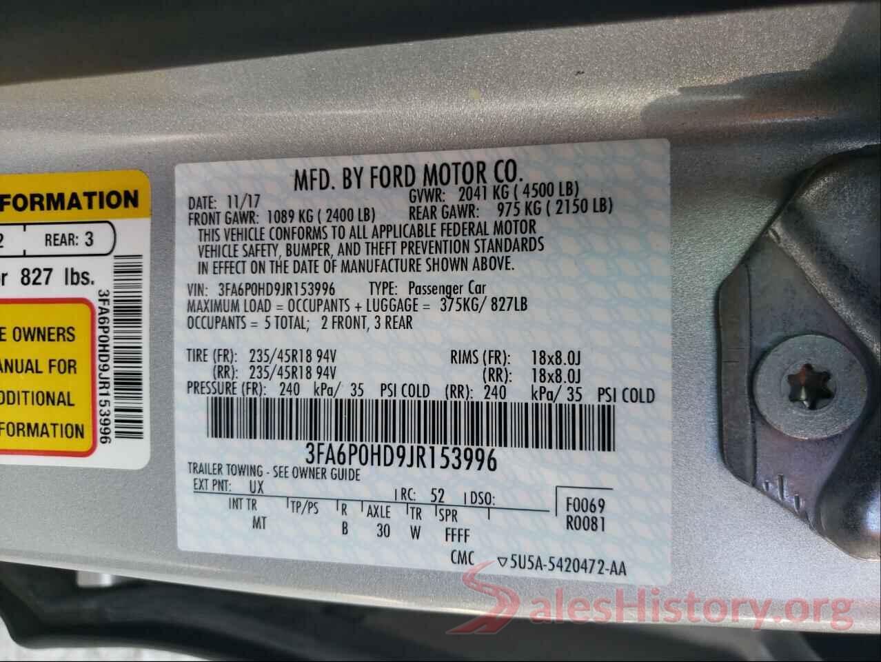 3FA6P0HD9JR153996 2018 FORD FUSION