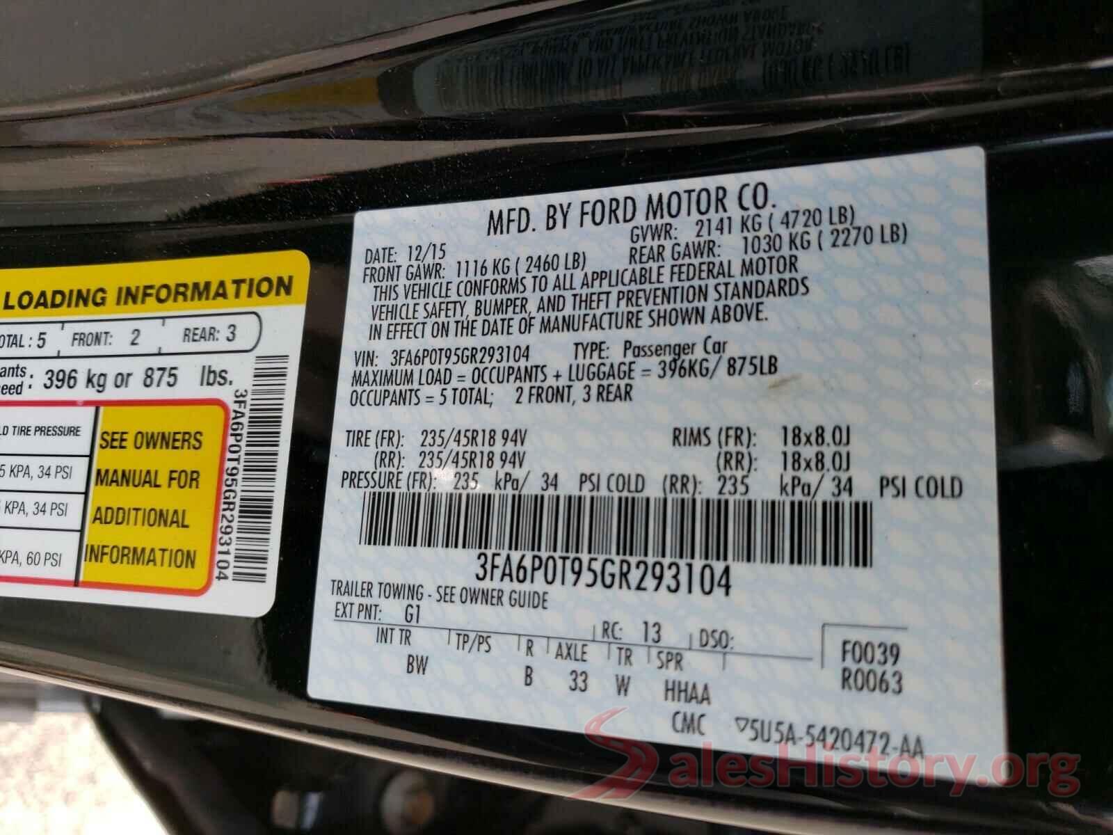 3FA6P0T95GR293104 2016 FORD FUSION