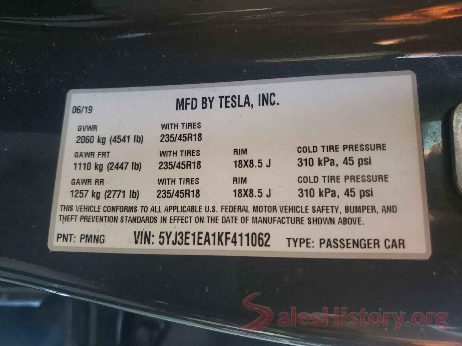 5YJ3E1EA1KF411062 2019 TESLA MODEL 3