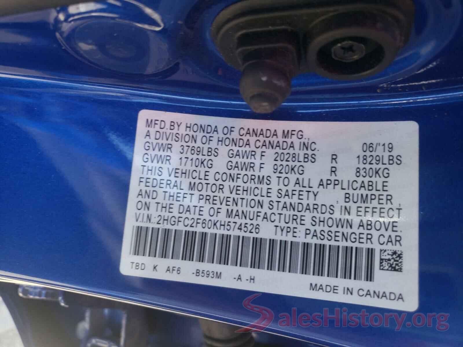 2HGFC2F60KH574526 2019 HONDA CIVIC