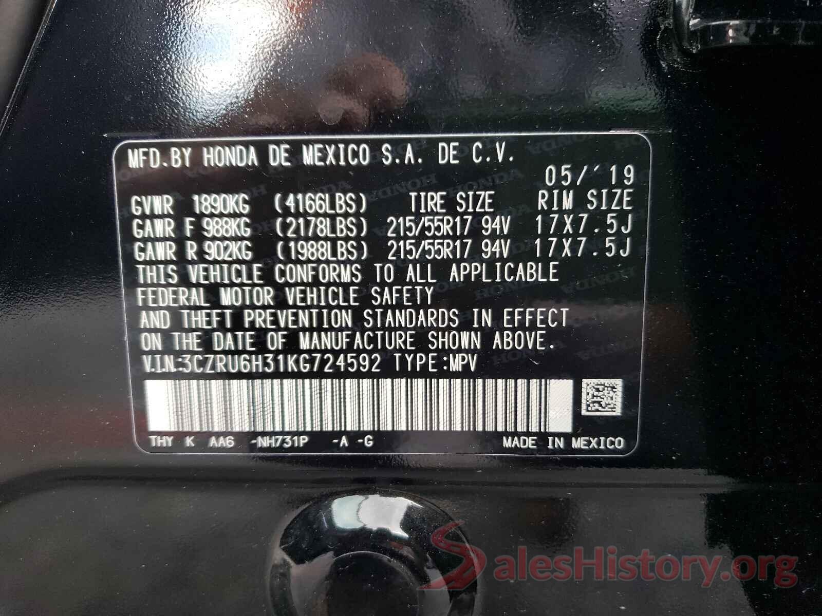 3CZRU6H31KG724592 2019 HONDA HR-V