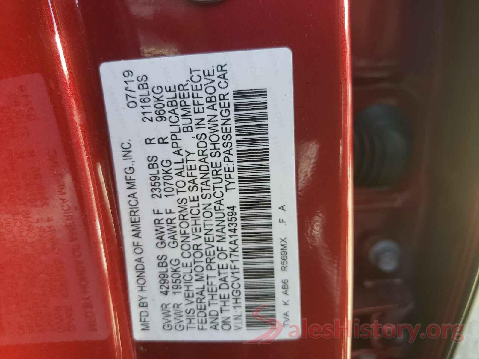 1HGCV1F17KA143594 2019 HONDA ACCORD