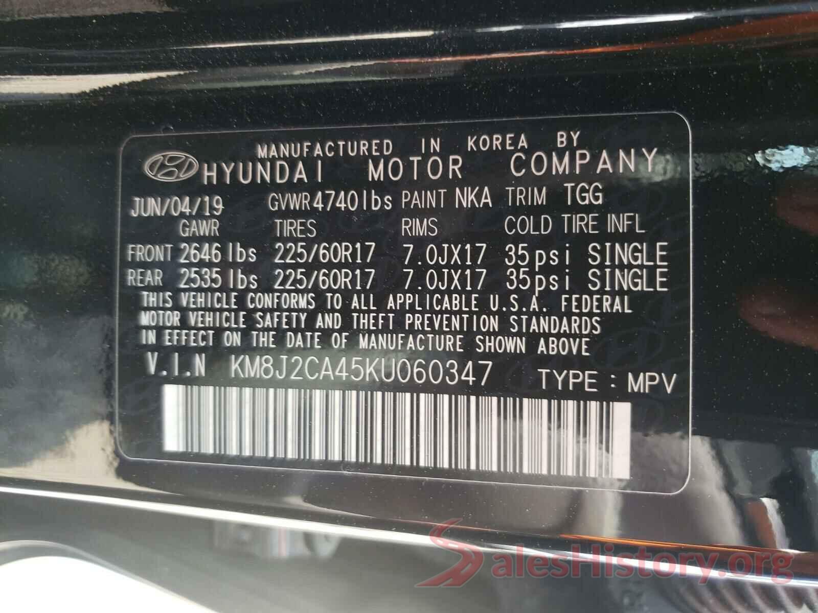 KM8J2CA45KU060347 2019 HYUNDAI TUCSON