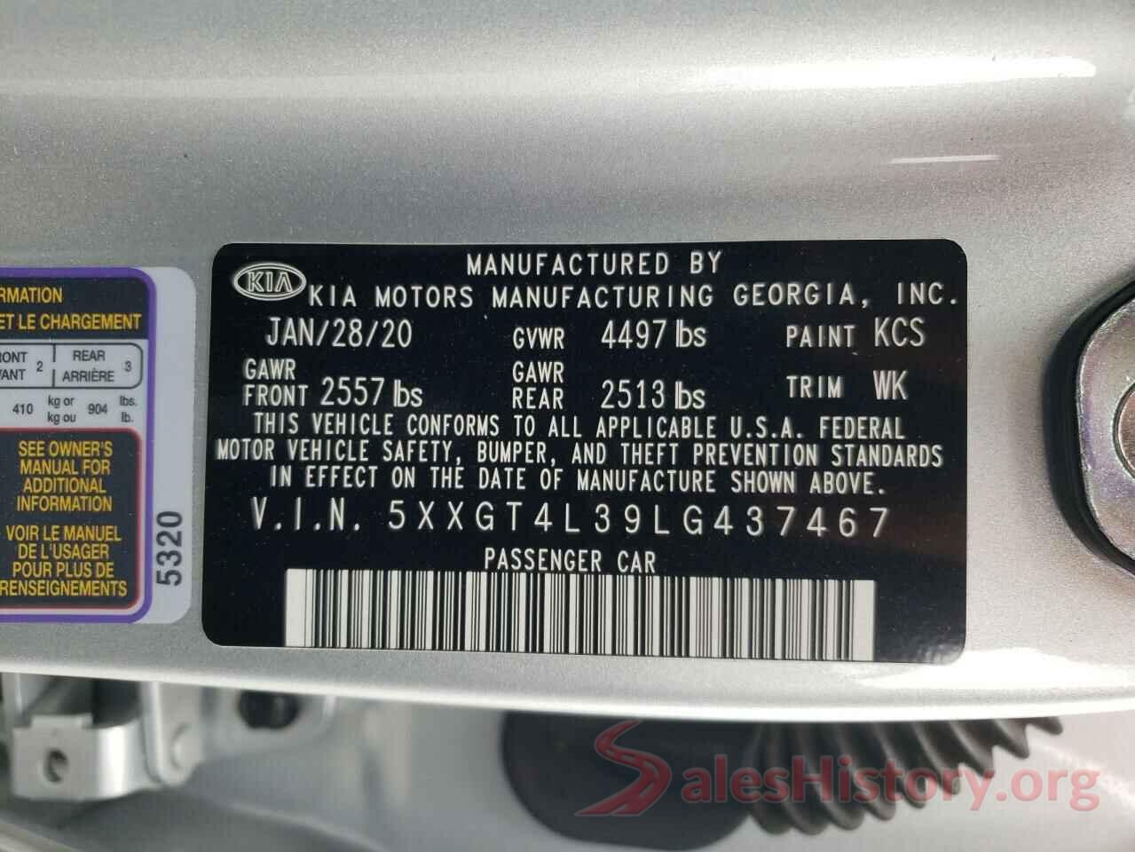 5XXGT4L39LG437467 2020 KIA OPTIMA