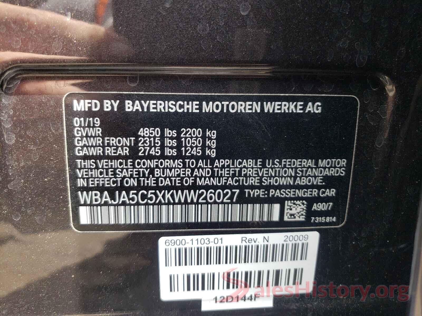 WBAJA5C5XKWW26027 2019 BMW 5 SERIES