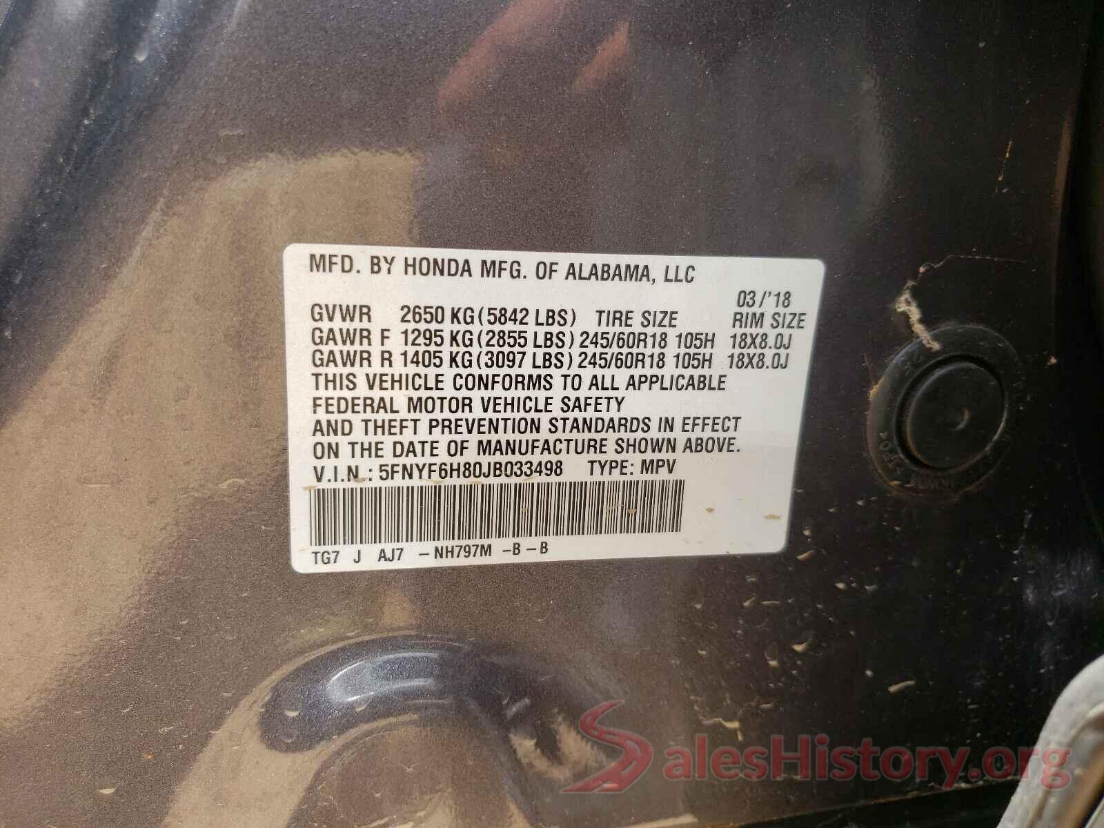 5FNYF6H80JB033498 2018 HONDA PILOT