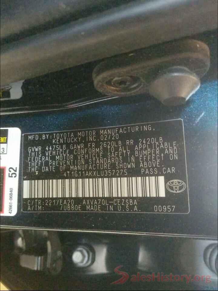 4T1G11AKXLU357275 2020 TOYOTA CAMRY