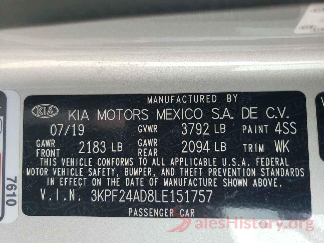 3KPF24AD8LE151757 2020 KIA FORTE