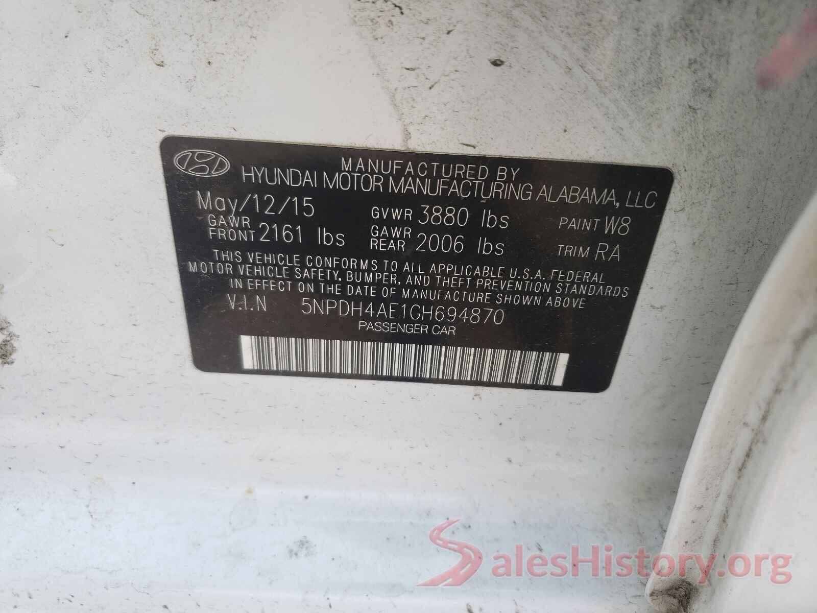 5NPDH4AE1GH694870 2016 HYUNDAI ELANTRA