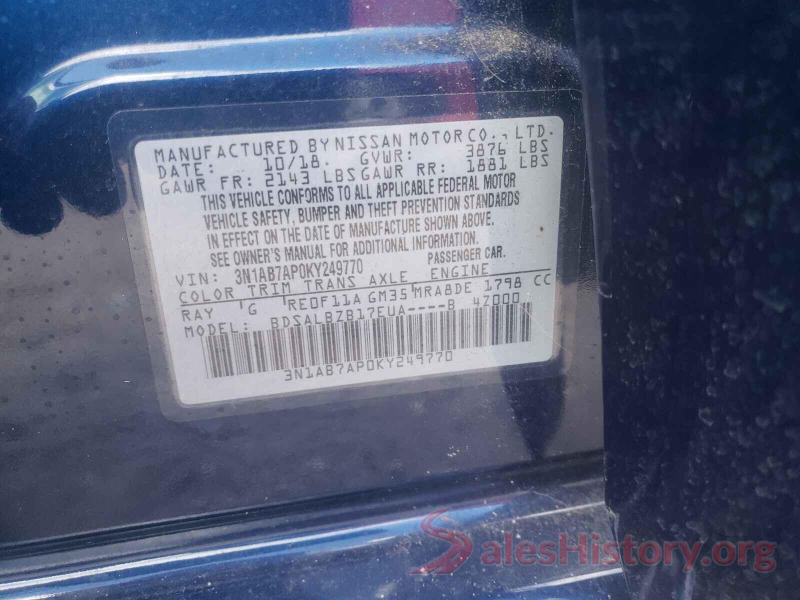 3N1AB7AP0KY249770 2019 NISSAN SENTRA