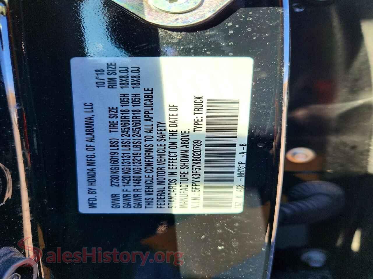 2019 HONDA RIDGELINE VIN 5FPYK3F57KB020789, trunk area