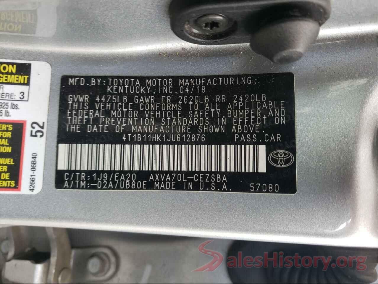 4T1B11HK1JU612876 2018 TOYOTA CAMRY