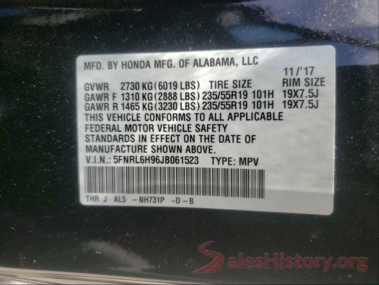 5FNRL6H96JB061523 2018 HONDA ODYSSEY