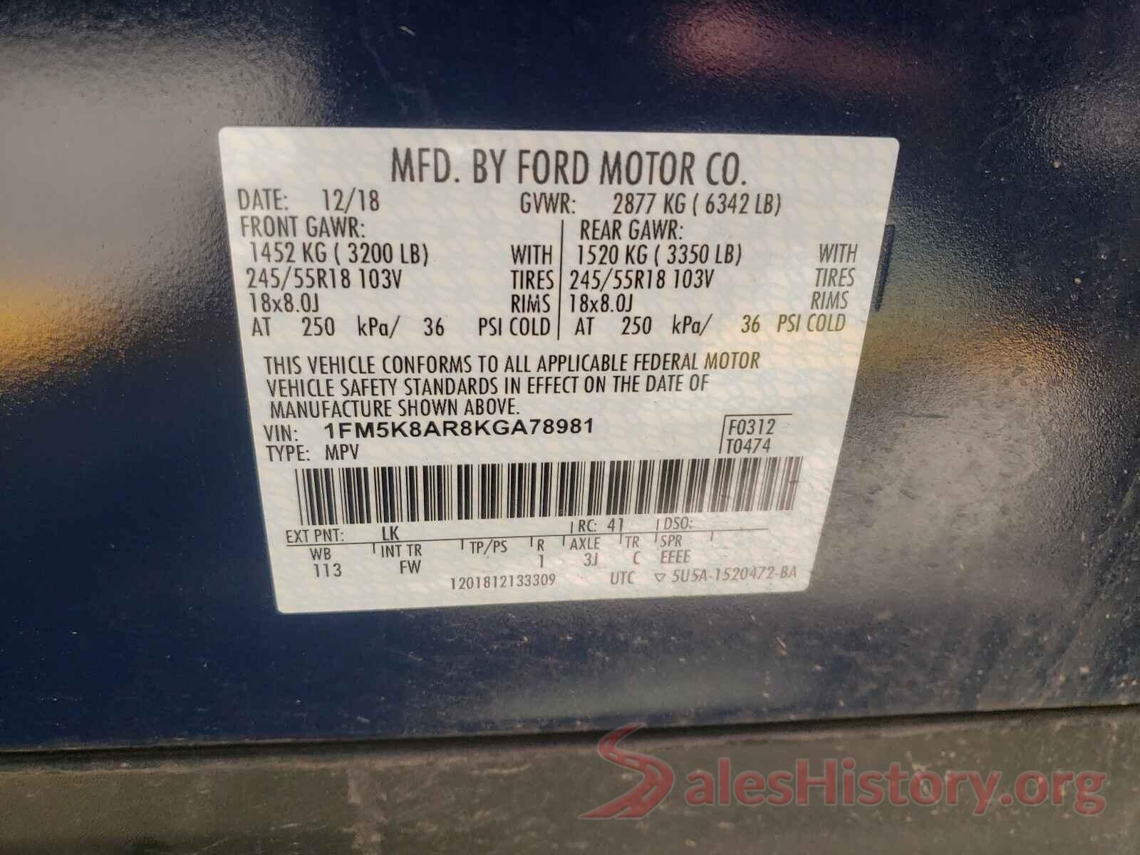 1FM5K8AR8KGA78981 2019 FORD EXPLORER