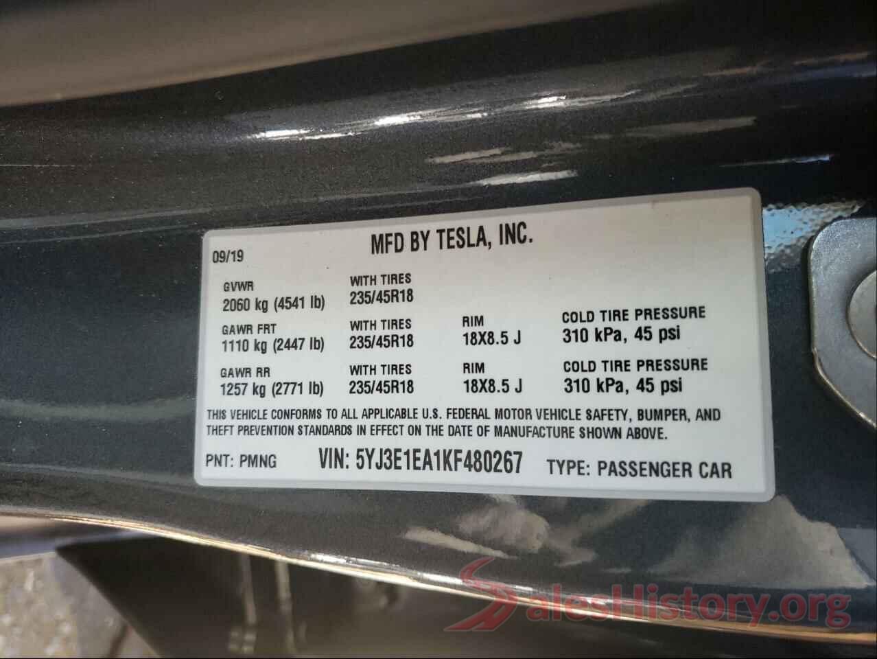 5YJ3E1EA1KF480267 2019 TESLA MODEL 3