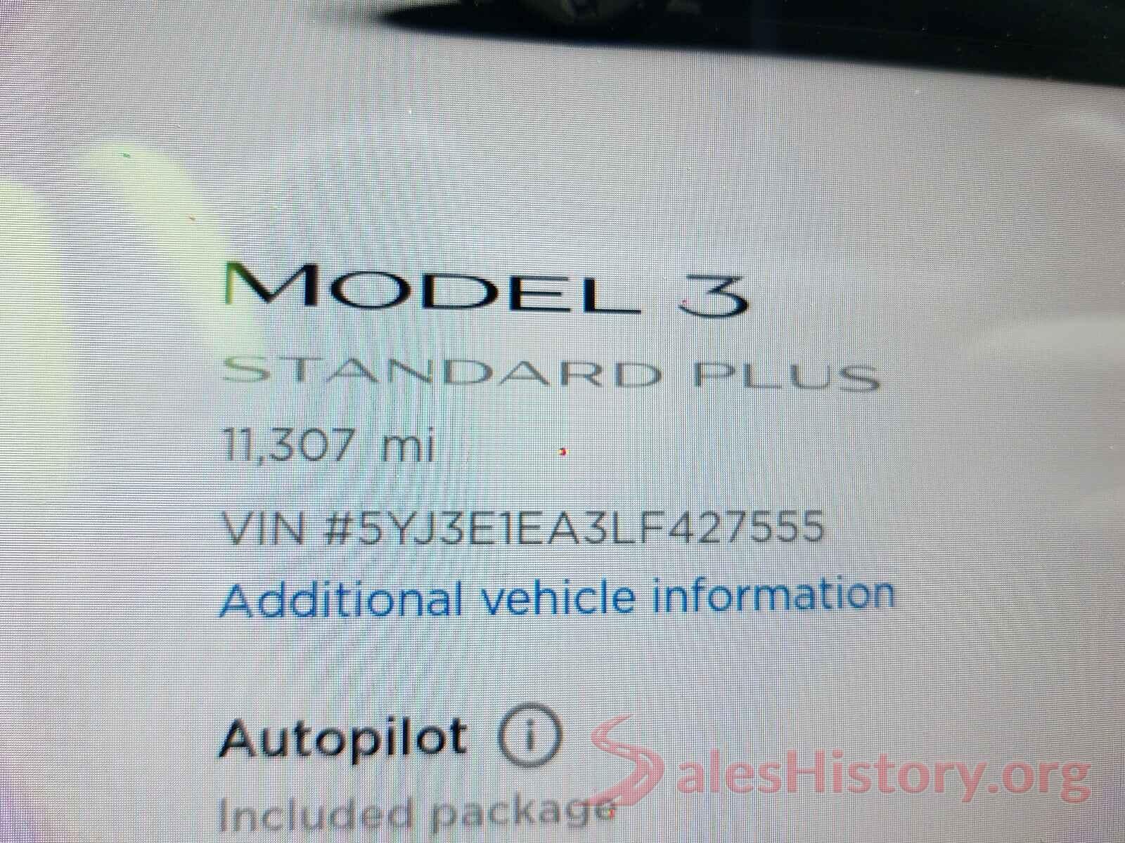 5YJ3E1EA3LF427555 2020 TESLA MODEL 3