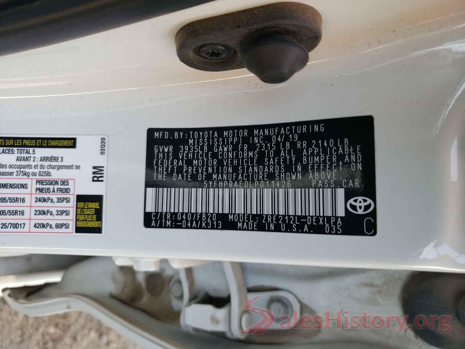 5YFHPRAE0LP011426 2020 TOYOTA COROLLA