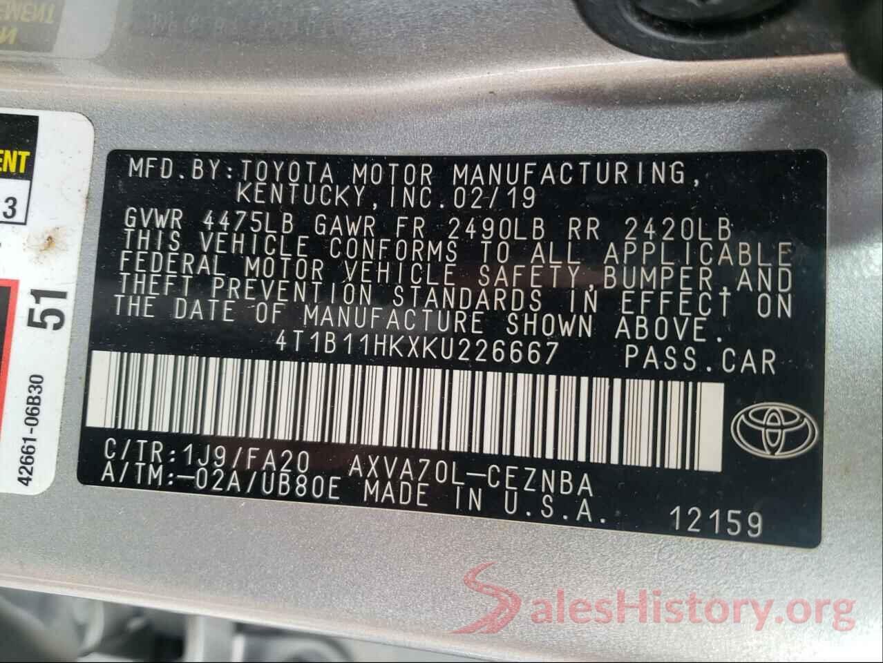 4T1B11HKXKU226667 2019 TOYOTA CAMRY