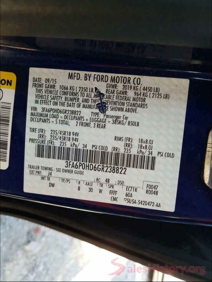 3FA6P0HD6GR238822 2016 FORD FUSION