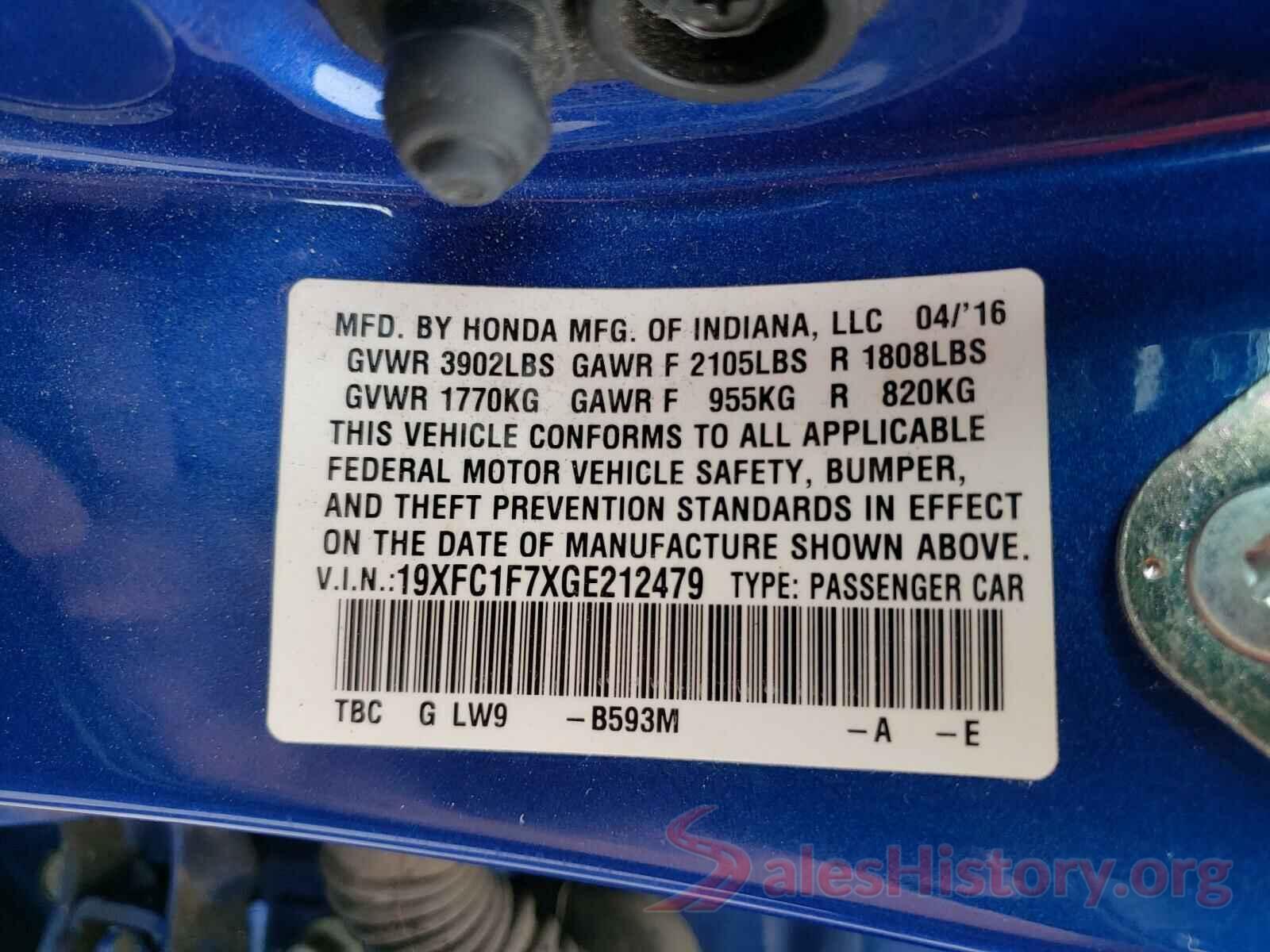 19XFC1F7XGE212479 2016 HONDA CIVIC