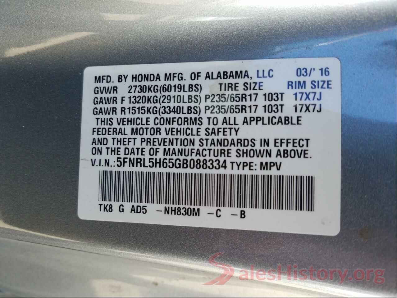 5FNRL5H65GB088334 2016 HONDA ODYSSEY