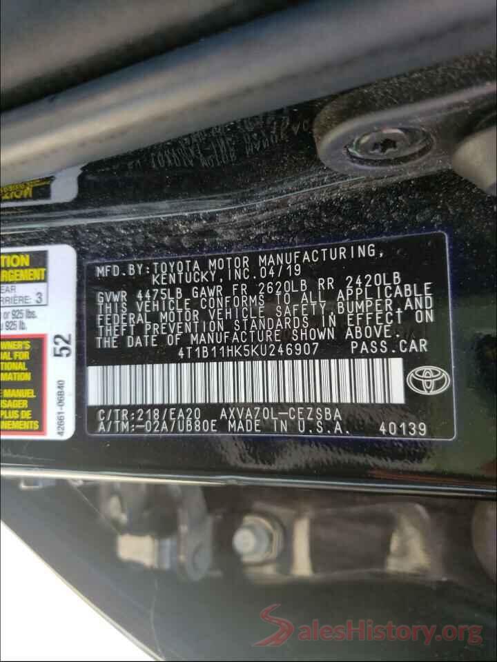 4T1B11HK5KU246907 2019 TOYOTA CAMRY