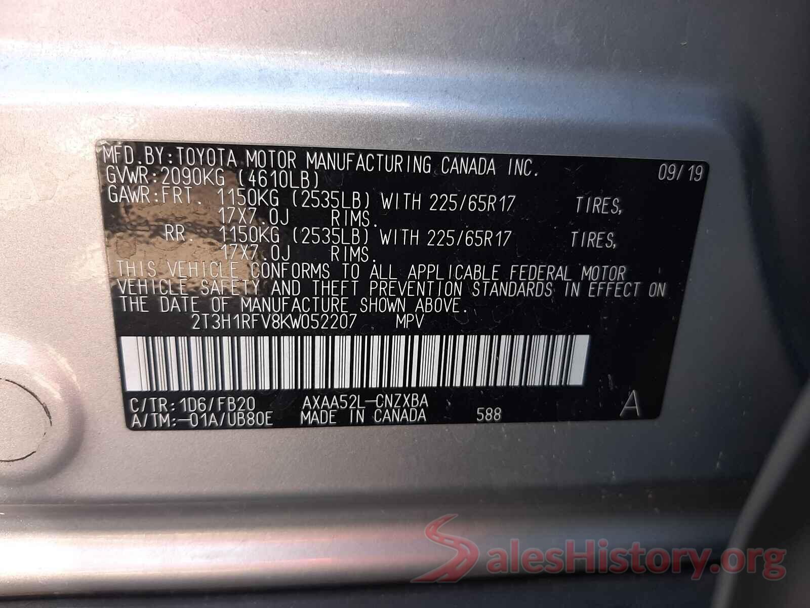 2T3H1RFV8KW052207 2019 TOYOTA RAV4