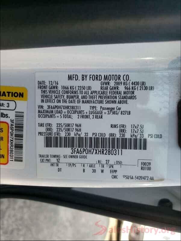 3FA6P0H7XHR280311 2017 FORD FUSION